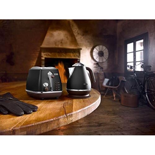 드롱기 De’Longhi DeLonghi Toaster Icona Vintage CTOV2103.BK - 2-Schlitz-Toaster mit Broetchenaufsatz, Edelstahl in elegantem Retro Look mit Chrom-Details, schwarz (Generalueberholt)