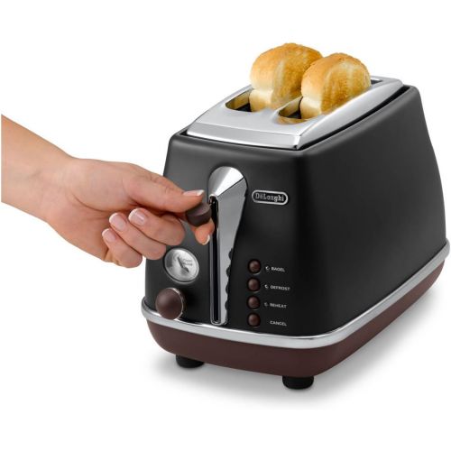 드롱기 De’Longhi DeLonghi Toaster Icona Vintage CTOV2103.BK - 2-Schlitz-Toaster mit Broetchenaufsatz, Edelstahl in elegantem Retro Look mit Chrom-Details, schwarz (Generalueberholt)