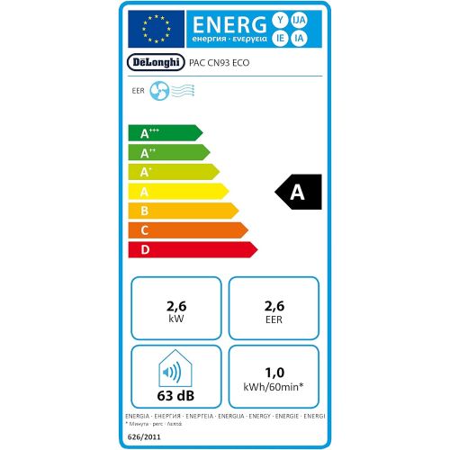 드롱기 De’Longhi DeLonghi Pinguino PAC CN93 Eco - mobiles Klimagerat mit Abluftschlauch, Klimaanlage fuer Raume bis 90 m³, Luftentfeuchter, Ventilationsfunktion, 12h-Timer, 2,6 KW, 75 x 45 x 39,5 cm