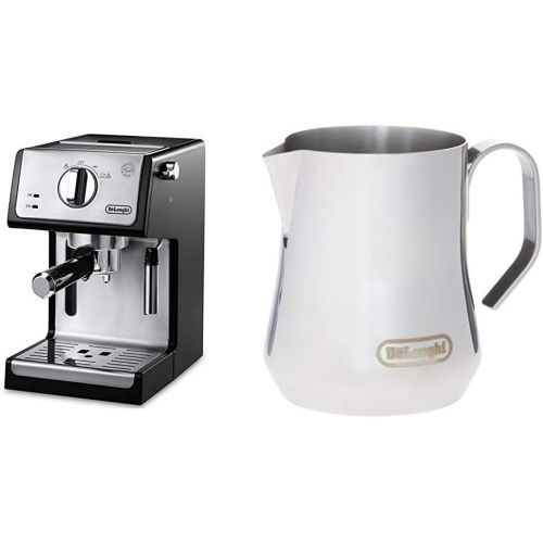 드롱기 DeLonghi ECP3420 Bar Pump Espresso and Cappuccino Machine, 15, Black and DeLonghi DLSC060 Milk Frothing Jug, 12 oz, Stainless Steel