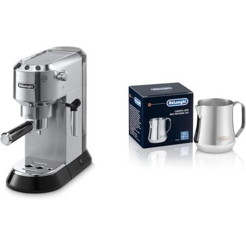 드롱기 Delonghi EC680M DEDICA 15-Bar Pump Espresso Machine, Stainless Steel and DeLonghi DLSC060 Milk Frothing Jug, 12 oz, Stainless Steel