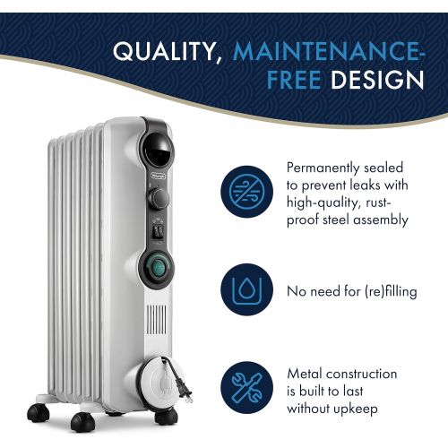 드롱기 DeLonghi Oil-Filled Radiator Space Heater Energy Saving, Safety Features, Nice for Home with Pets/Kids, 9w x 7d x 10h, Light Gray-Comfort Temp