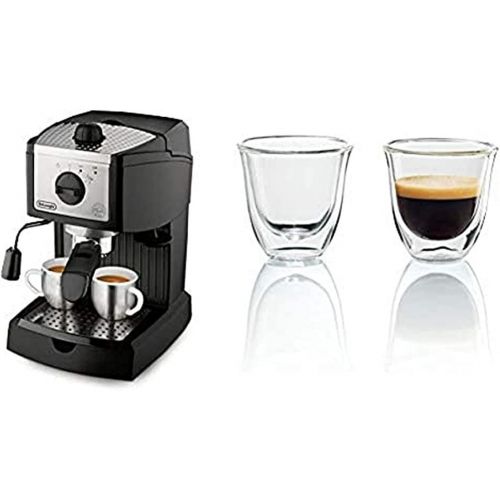 드롱기 DeLonghi 15 bar Pump Espresso and Cappuccino Maker, Black & DeLonghi Double Walled Thermo Espresso Glasses, Set of 2, Regular, Clear