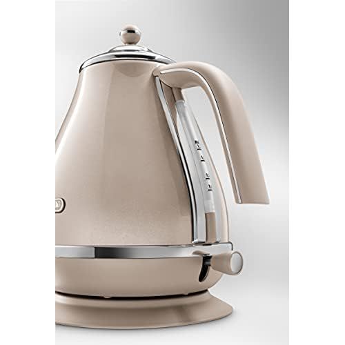 드롱기 DeLonghi Icona Vintage Metallics KBOV3001BG Electric Kettle, 360° Swivel Base, Cord Storage, Stainless Steel, 2000W, Beige