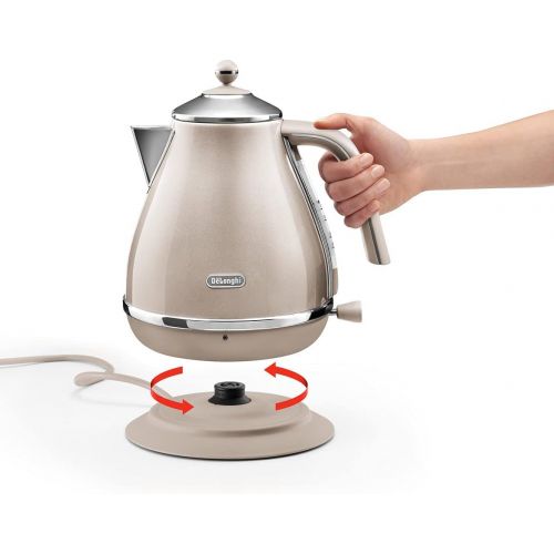 드롱기 DeLonghi Icona Vintage Metallics KBOV3001BG Electric Kettle, 360° Swivel Base, Cord Storage, Stainless Steel, 2000W, Beige