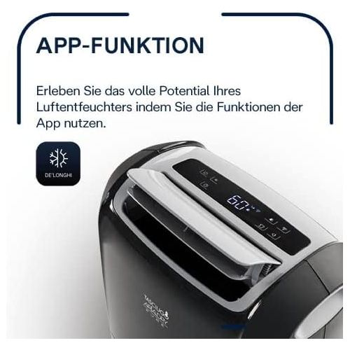 드롱기 De’Longhi DeLonghi Dehumidifier DDSX220WFA - Dehumidifier and Air Purifier for Rooms up to 90 m³, Laundry Function, Wi-Fi, Works with Alexa, Allergy Sufferers, 21 Litres/Day, Black