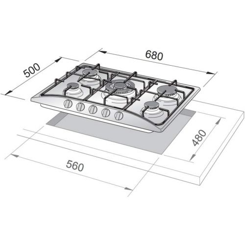 드롱기 De’Longhi DeLonghi PFI 57 GH Kochplatte 5 Brenner mit Doppelkrone, Gaseinbau 68 cm, Grillrost aus Edelstahl