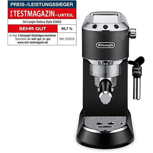 드롱기 De’Longhi DeLonghi Dedica Style EC 685.BK Espresso Filter Holder Espresso Machine with Professional Milk Foam Nozzle 15 cm Wide 1 Litre Water Tank Full Metal Casing E.S.E Pads Black