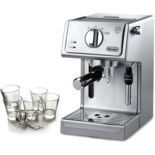 드롱기 DeLonghi Stainless Steel 15 Bar Pump Combination Espresso and Cappuccino Machine with Free Set of 6 Italian Espresso Shot Glasses