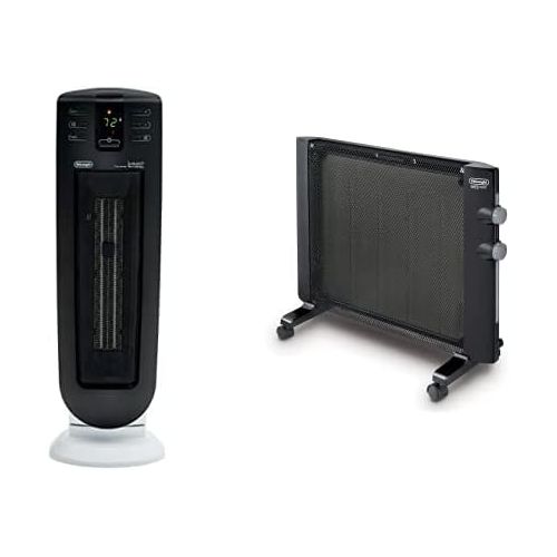 드롱기 DeLonghi Ceramic Tower Heater & Mica Thermic Panel Heater, Full Room Quiet 1500W, Freestanding/Easy Install Wall Mount, Adjustable Thermostat, 2 Heat Settings, Black, HMP1500