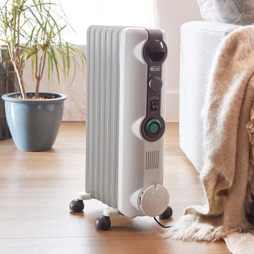 드롱기 DeLonghi Oil-Filled Radiator Space Heater Energy Saving, Safety Features, Nice for Home with Pets/Kids, 9w x 7d x 10h, Light Gray-Comfort Temp