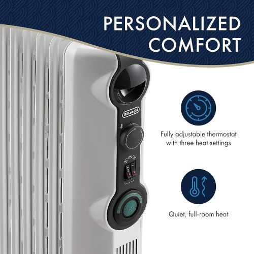 드롱기 DeLonghi Oil-Filled Radiator Space Heater Energy Saving, Safety Features, Nice for Home with Pets/Kids, 9w x 7d x 10h, Light Gray-Comfort Temp