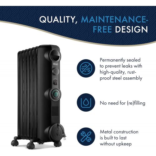 드롱기 DeLonghi, Quiet 1500W, Adjustable Oil-Filled Radiator Space Heater, 14 w x 6 d x 25 h, Black