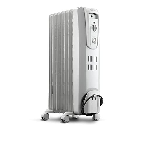 드롱기 DeLonghi Oil-Filled Radiator Space Heater, Full Room Quiet 1500W, Adjustable Thermostat 3 Heat Settings, Energy Saving, Safety Features, Light Gray, TRH0715