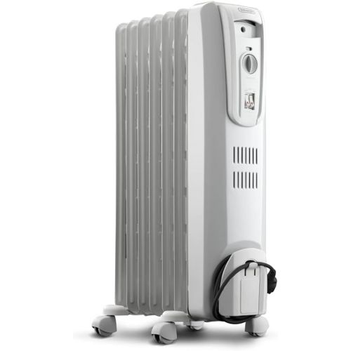 드롱기 DeLonghi Oil-Filled Radiator Space Heater, Full Room Quiet 1500W, Adjustable Thermostat 3 Heat Settings, Energy Saving, Safety Features, Light Gray, TRH0715