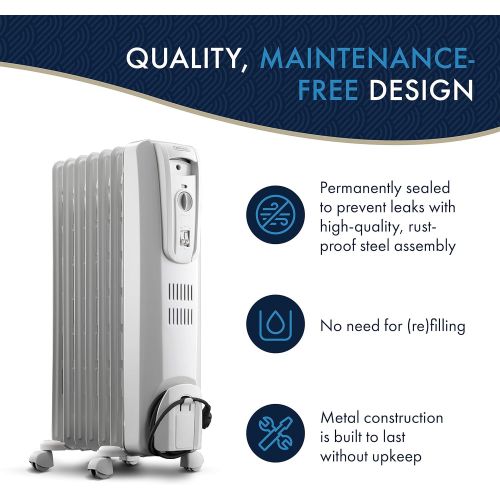 드롱기 DeLonghi Oil-Filled Radiator Space Heater, Full Room Quiet 1500W, Adjustable Thermostat 3 Heat Settings, Energy Saving, Safety Features, Light Gray, TRH0715