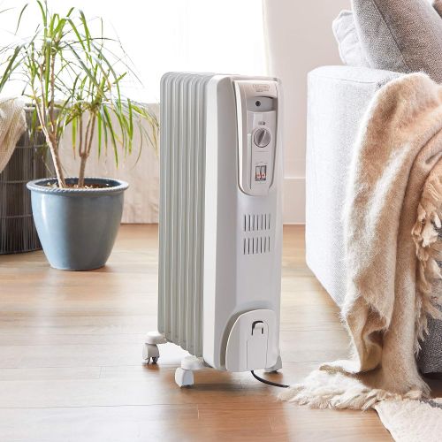 드롱기 DeLonghi Oil-Filled Radiator Space Heater, Full Room Quiet 1500W, Adjustable Thermostat 3 Heat Settings, Energy Saving, Safety Features, Light Gray, TRH0715