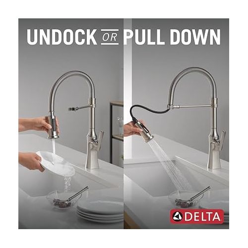  Delta Faucet Ermelo Pro Commercial Style Kitchen Faucet, Kitchen Faucets with Pull Down Sprayer Brushed Nickel, Kitchen Sink Faucet, Faucet for Kitchen Sink with Magnetic Dock, Stainless 18887-SS-DST