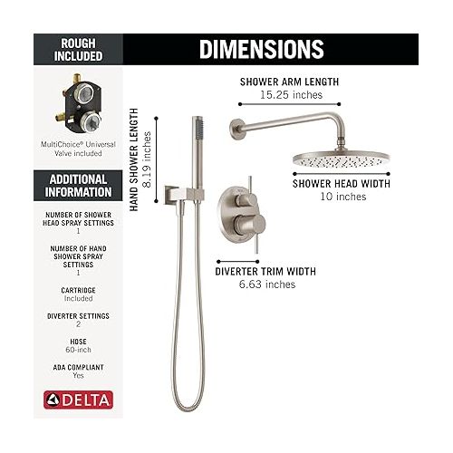  Delta Faucet Modern Raincan 2-Setting Round Shower System Including Rain Shower Head and Handheld Spray Brushed Nickel, Rainfall Shower System Brushed Nickel, Spotshield Stainless 342702-SP