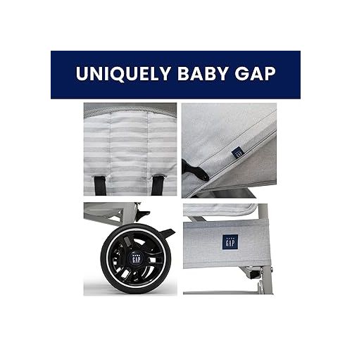  babyGap Classic Stroller - Lightweight Stroller with Recline, Extendable Sun Visors & Compact Fold - Made with Sustainable Materials, Grey Stripes