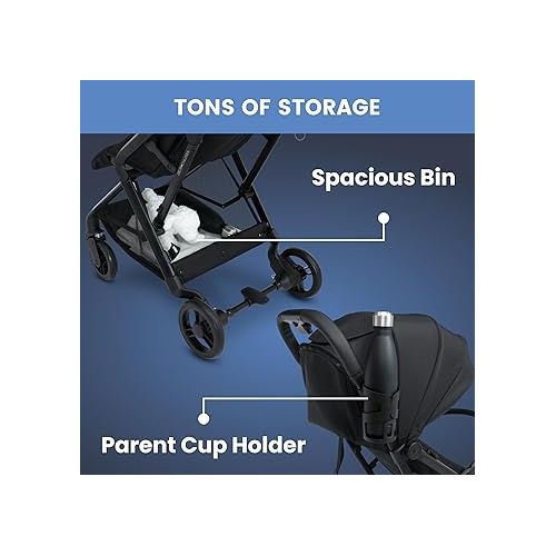  Delta Children Icon Ultra Compact Lightweight Travel Stroller - One-Hand Fold - Only 15.6 Pounds - Fits in Overhead Compartments - Greenguard Gold Certified - Multi-Position Recline, Black