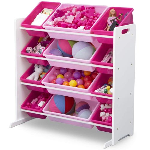  Delta Children Kids Toy Storage Organizer with 12 Plastic Bins, White/Pink