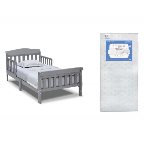  Delta Children Canton Toddler Bed, Grey + Delta Children Twinkle Galaxy Dual Sided Recycled Fiber Core Toddler Mattress (Bundle)