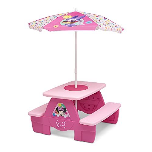  Delta Children 4 Seat Activity Picnic Table with Umbrella and Lego Compatible Tabletop, Minnie Mouse