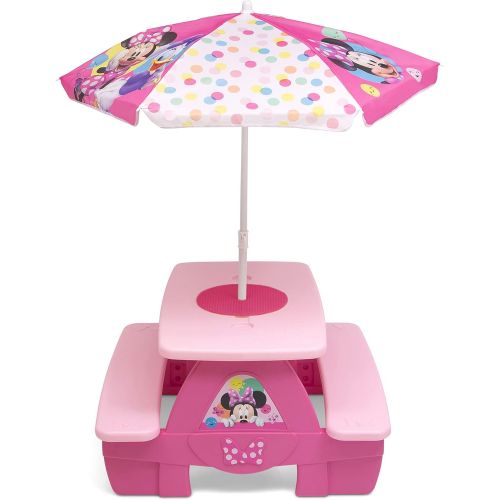  Delta Children 4 Seat Activity Picnic Table with Umbrella and Lego Compatible Tabletop, Minnie Mouse