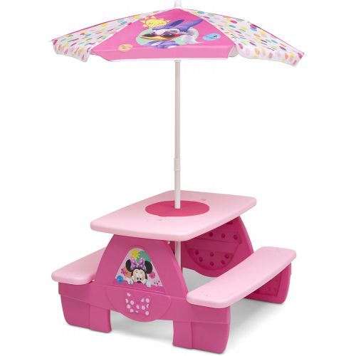  Delta Children 4 Seat Activity Picnic Table with Umbrella and Lego Compatible Tabletop, Minnie Mouse