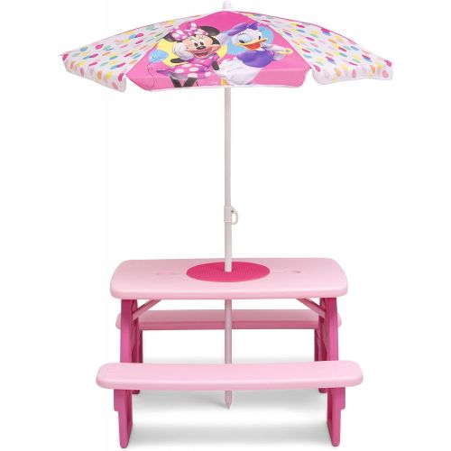  Delta Children 4 Seat Activity Picnic Table with Umbrella and Lego Compatible Tabletop, Minnie Mouse