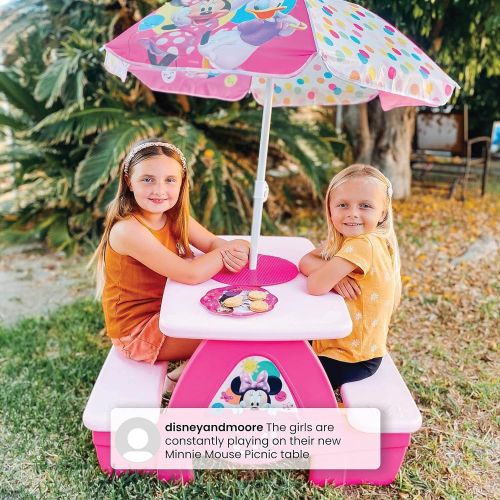  Delta Children 4 Seat Activity Picnic Table with Umbrella and Lego Compatible Tabletop, Minnie Mouse