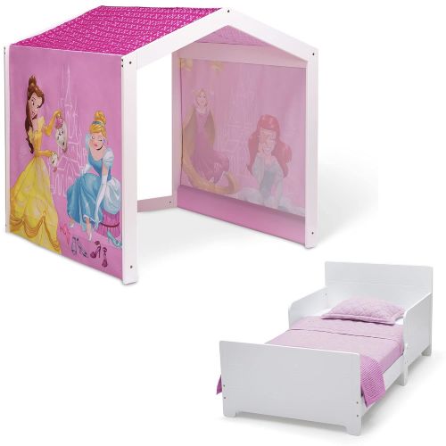  Disney Princess Indoor Playhouse with Fabric Tent + MySize Wood Toddler Bed by Delta Children, Bianca White