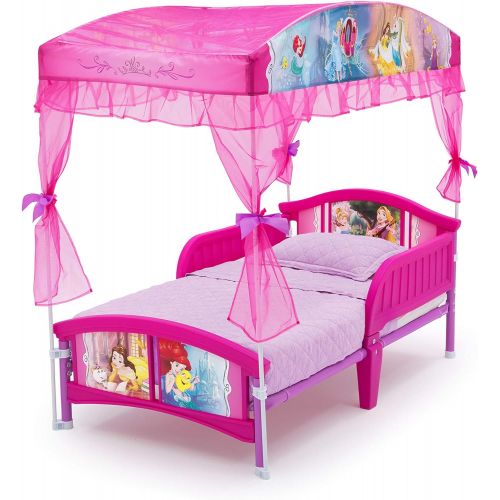  Delta Children Canopy Toddler Bed, Disney Princess + Delta Children Twinkle Galaxy Dual Sided Recycled Fiber Core Toddler Mattress (Bundle)