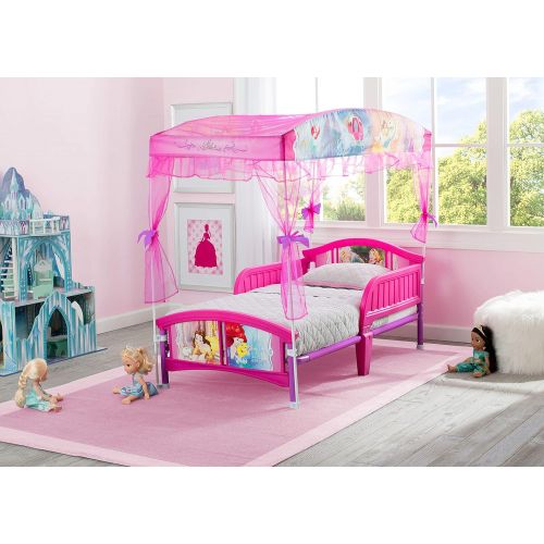  Delta Children Canopy Toddler Bed, Disney Princess + Delta Children Twinkle Galaxy Dual Sided Recycled Fiber Core Toddler Mattress (Bundle)