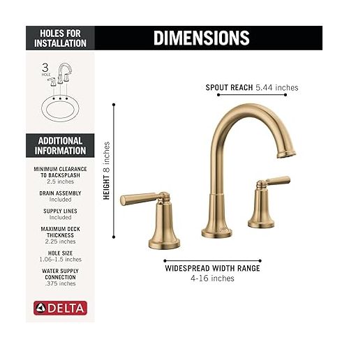  Delta Faucet Saylor Gold Widespread Bathroom Faucet 3 Hole, Gold Bathroom Faucets, Bathroom Sink Faucet with Diamond Seal Technology, Metal Drain Assembly, Champagne Bronze 3535-CZMPU-DST