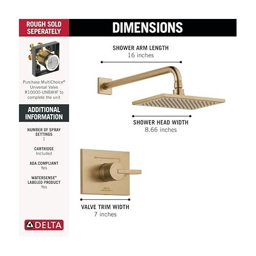  Delta Faucet Vero 14 Series Single-Function Shower Faucet Set, Rain Shower Head, Gold Shower Faucet, Shower Handle, Delta Shower Trim Kit, Champagne Bronze T14253-CZ-WE (Valve Not Included)