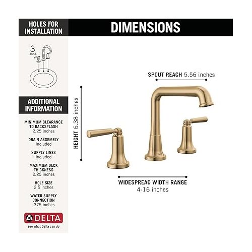  Delta Faucet Saylor Gold Widespread Bathroom Faucet 3 Hole, Gold Bathroom Faucets, Bathroom Sink Faucet with Diamond Seal Technology, Metal Drain Assembly, Champagne Bronze 3536-CZMPU-DST