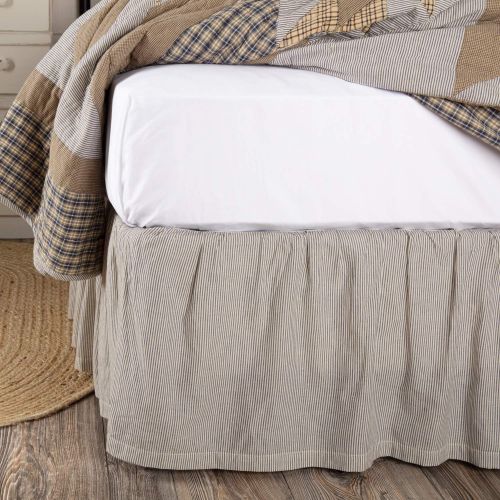  Deluxe VHC Brands Dakota Star Farmhouse Blue Ticking Cotton Split Corners Gathered Striped King Bed Skirt, Washed