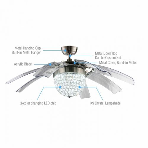  Deluxe Lamp 46 Ceiling Fans 8 Invisible Retractable Blades Crystal Pendant Lamp Chandelier Remote Control Bedroom Living Room