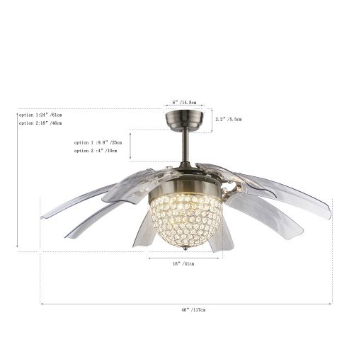  Deluxe Lamp 46 Ceiling Fans 8 Invisible Retractable Blades Crystal Pendant Lamp Chandelier Remote Control Bedroom Living Room