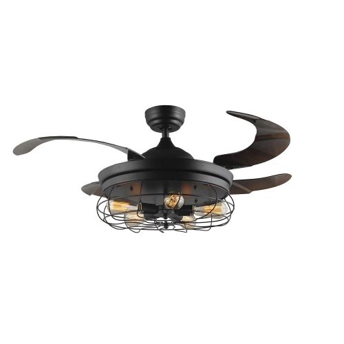  Deluxe Lamp 42 Ceiling Fans Invisible Retractable Blades Farmhouse Industrial Pendant Lamp Chandelier Remote Control 5 Edison Bulbs (Black Finish) (Youtube Video Demo)