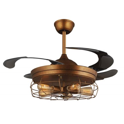  Deluxe Lamp 42 Ceiling Fans Invisible Retractable Blades Farmhouse Industrial Pendant Lamp Chandelier Remote Control 5 Edison Bulbs (Antique Golden color) (Youtube video demo)