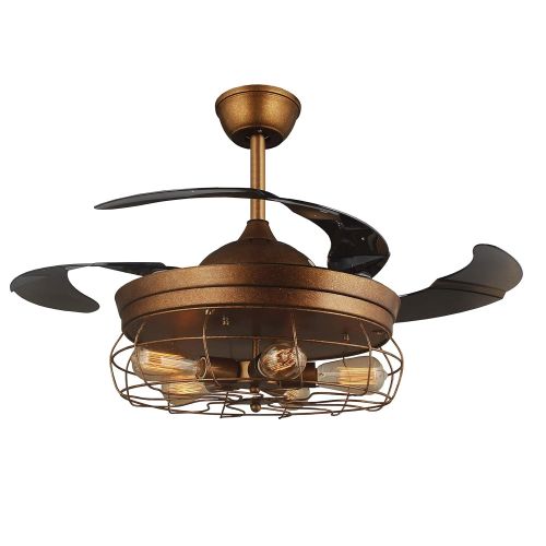  Deluxe Lamp 42 Ceiling Fans Invisible Retractable Blades Farmhouse Industrial Pendant Lamp Chandelier Remote Control 5 Edison Bulbs (Antique Golden color) (Youtube video demo)