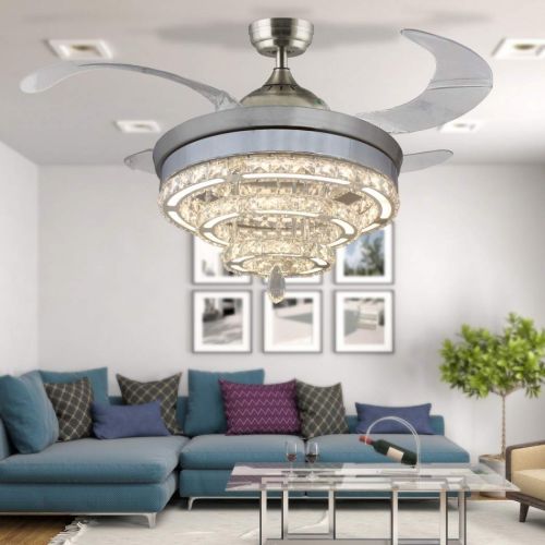  Deluxe Lamp 42 Inches Diameter Retractable Invisible Four Blades Ceiling Fans Remote Control Led Light Kit Crystal Chandelier Indoor Living Bedroom-Chrome