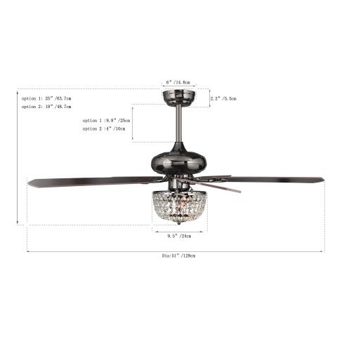  Deluxe Lamp 50 Inches Brushed Nickel Downrod Mount Indoor Ceiling Fan with Light Kit and Remote 5 Blade Crystal Ceiling Lamp Lighting Reverse Air Flow