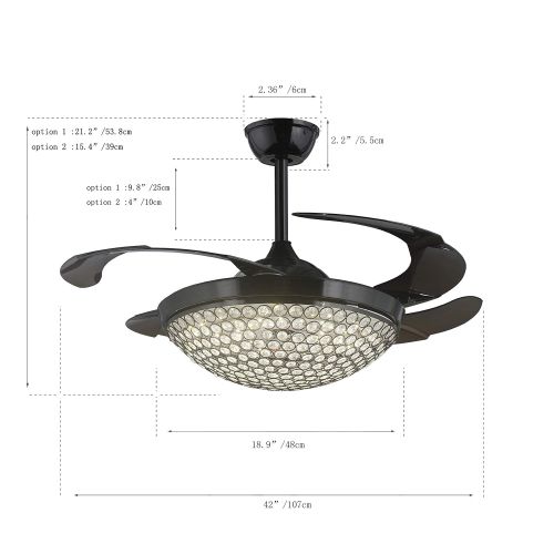  Deluxe Lamp 42 Inches Wide Ceiling Retractable Fan Clear Acrylic Blades Led Light Kits Crystal Chandelier Control Remote Chrome Finish Living Room Family Room (Black)