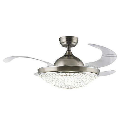  Deluxe Lamp 42 Inches Wide Ceiling Retractable Invisible Fan Clear Acrylic Blades Led Light Kits Crystal Chandelier Control Remote Chrome Finish Living Room Family Room