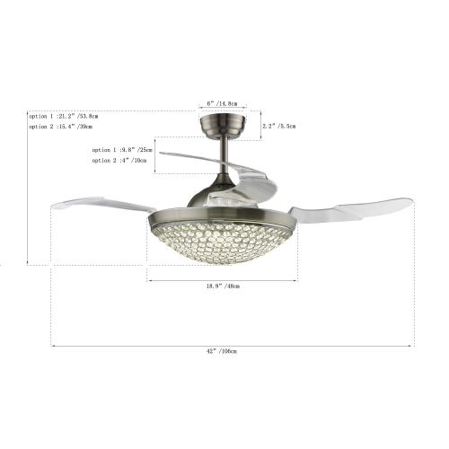  Deluxe Lamp 42 Inches Wide Ceiling Retractable Invisible Fan Clear Acrylic Blades Led Light Kits Crystal Chandelier Control Remote Chrome Finish Living Room Family Room