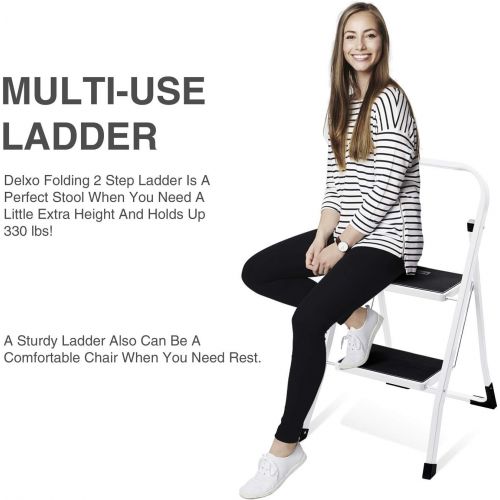  [아마존베스트]Delxo 2 Step Ladder Folding Step Stool Ladder with Handgrip Anti-Slip Sturdy and Wide Pedal Multi-Use for Household and Office Portable Step Stool Steel 330lbs White